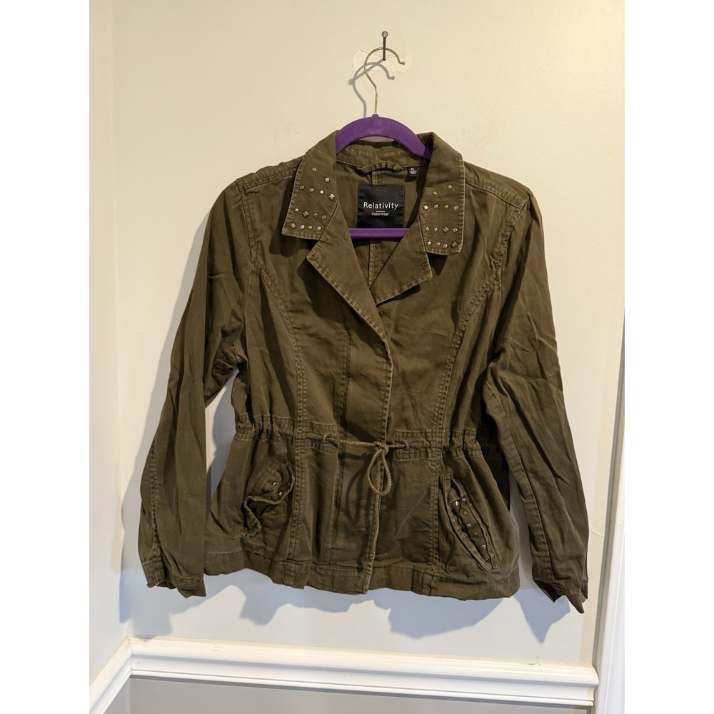 Relativity Jacket Outerwear Women's Size PL Green Utility‎ Studded Drawstring